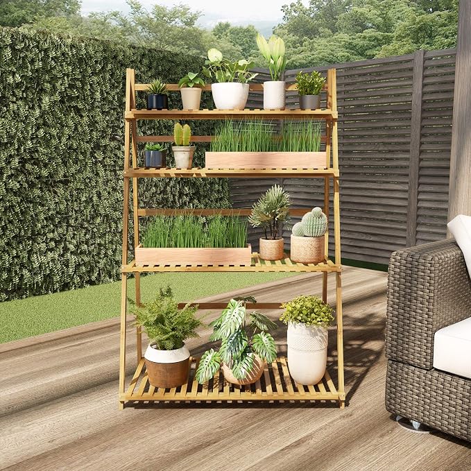 Pure Garden Ladder Plant Stand-4 Tier Freestanding Bamboo Storage - Image 5