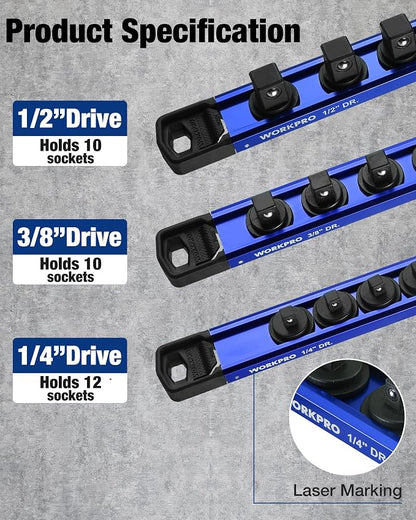 WORKPRO Magnetic Socket Organizer Set, 1/2" 3/8" 1/4" Drive Aluminum Alloy - Image 7