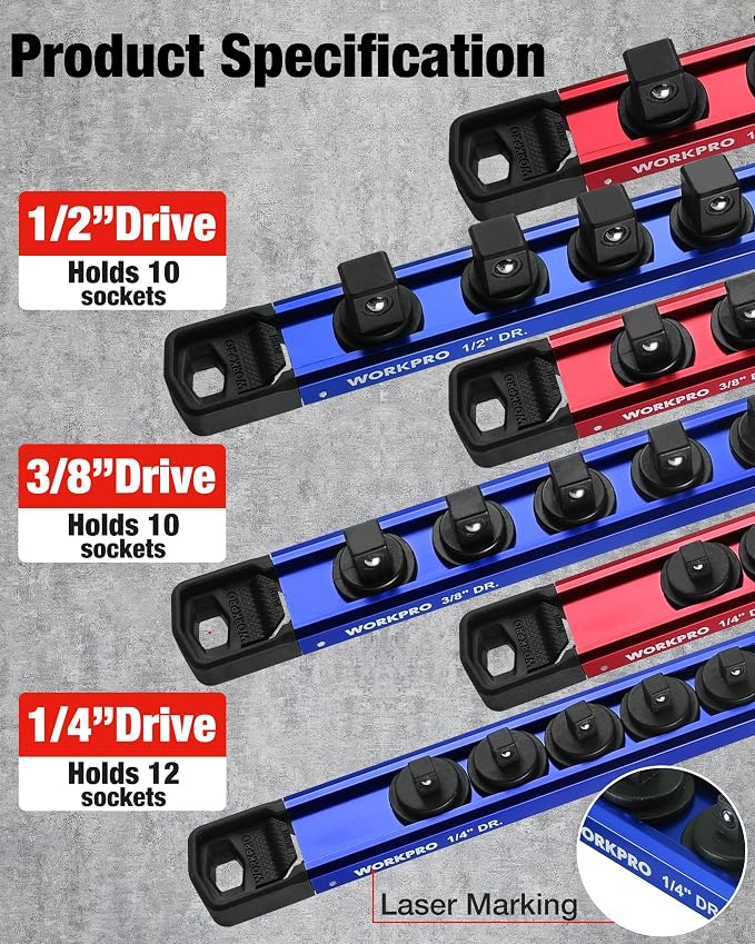 WORKPRO Magnetic Socket Organizer Set, 1/2" 3/8" 1/4" Drive Aluminum Alloy - Image 7