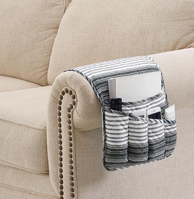 Brilliant Sunshine Multi Grey Stripes Patchwork Couch Armrest 5 Pockets - Image 2