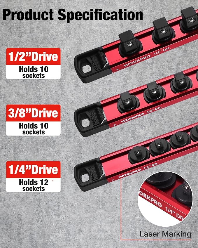 WORKPRO Magnetic Socket Organizer Set, 1/2" 3/8" 1/4" Drive Aluminum Alloy - Image 7