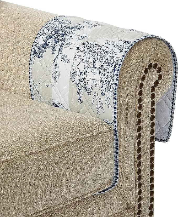 Brilliant Sunshine Blue Toile Couch Sofa Armrest 5 Pockets Organizer, Slip - Image 7