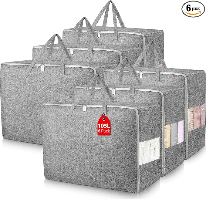 6Pack 105L Extra Large Storage Bags, Folding Moving Comforter Blanket Storage by Besslly