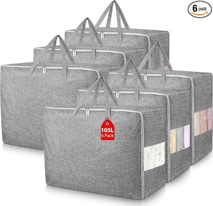 6Pack 105L Extra Large Storage Bags, Folding Moving Comforter Blanket Storage by Besslly