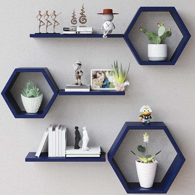 Wooden Hexagon Floating Shelves Wall Mounted, Rustic Honeycomb Shelves by LUDORU