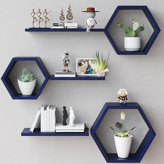Wooden Hexagon Floating Shelves Wall Mounted, Rustic Honeycomb Shelves by LUDORU
