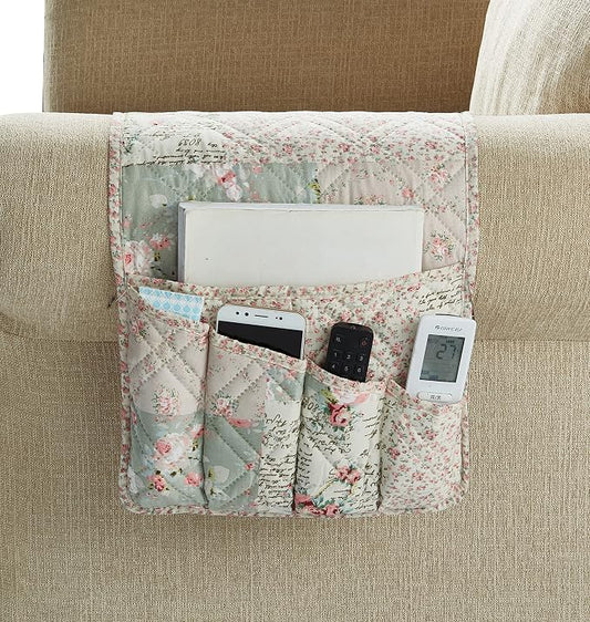 Brilliant Sunshine Rose and Sage Patchwork Sofa Armrest 5 Pockets Organizer by BrilliantSunshine