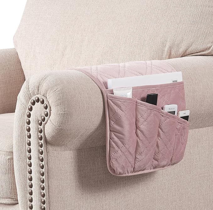 Brilliant Sunshine Pink Velvet Couch Sofa Armrest 5 Pockets Organizer, Slip - Image 5