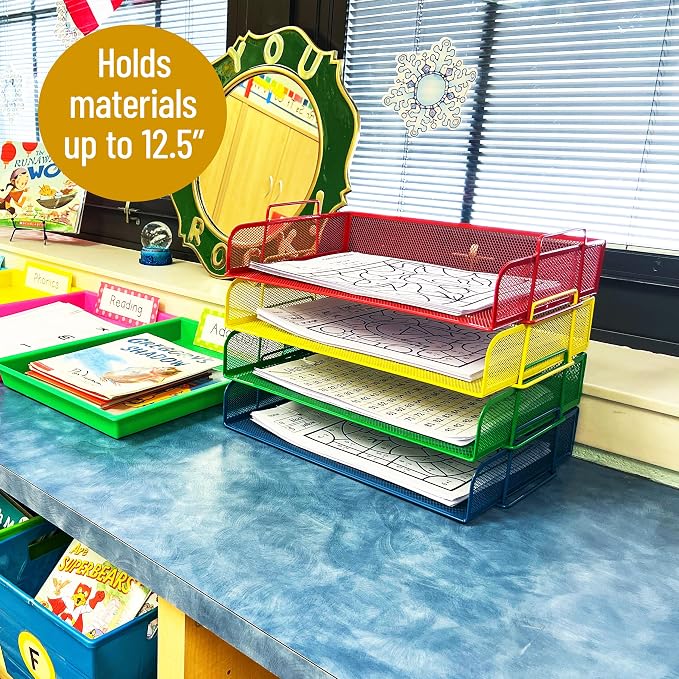 Mind Reader Stackable Paper Tray, Classroom Organizer, File Storage, Metal Mesh - Image 2