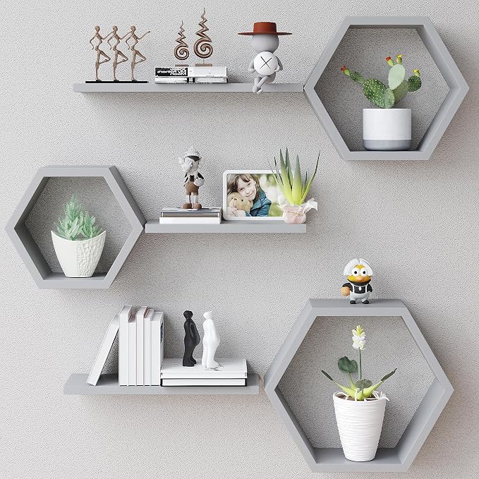 Wooden Hexagon Floating Shelves Wall Mounted, Rustic Honeycomb Shelves by LUDORU