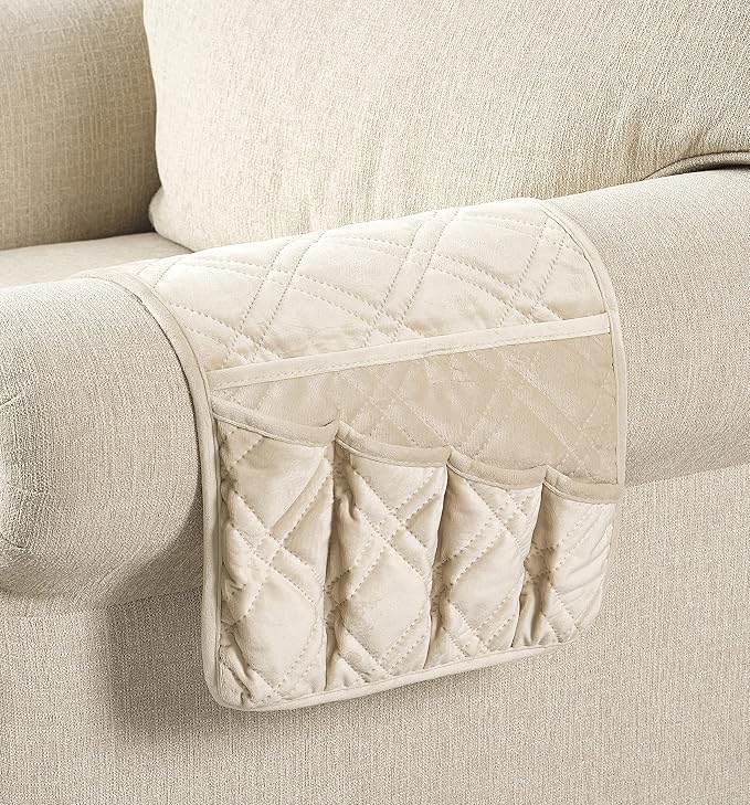 Brilliant Sunshine Beige Velvet Couch Armrest 5 Pockets Organizer, Slip - Image 8