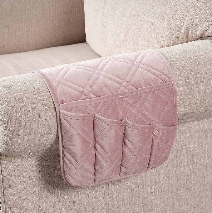 Brilliant Sunshine Pink Velvet Couch Sofa Armrest 5 Pockets Organizer, Slip - Image 8