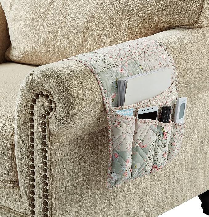 Brilliant Sunshine Rose and Sage Patchwork Sofa Armrest 5 Pockets Organizer - Image 6