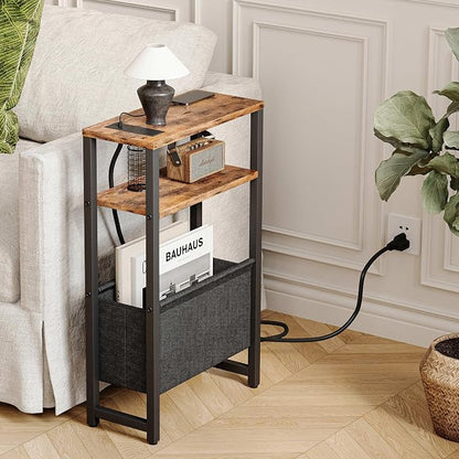 Narrow Side Table with Charging Station Slim End Table Sofa with Magazine Rack - Image 2
