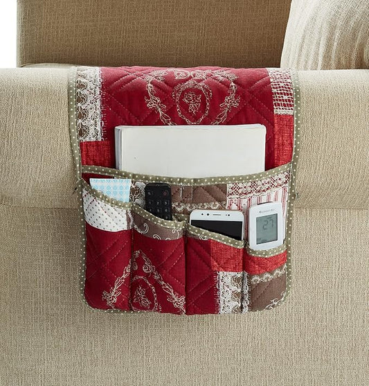 Brilliant Sunshine Burgundy Floral Patchwork Couch Armrest 5 Pockets Organizer by BrilliantSunshine