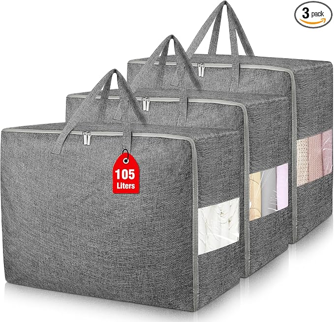 3Pack 105L Extra Large Storage Bags, Folding Comforter Blanket Storage Bags by Besslly