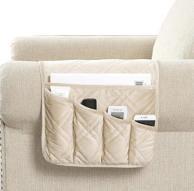 Brilliant Sunshine Beige Velvet Couch Armrest 5 Pockets Organizer, Slip by BrilliantSunshine
