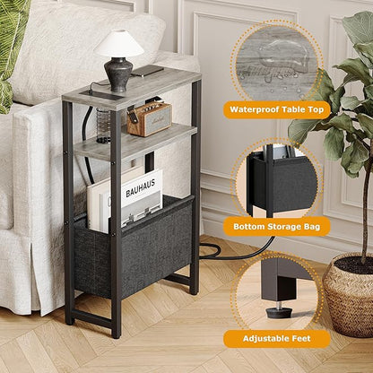 Narrow Side Table with Charging Station Slim End Table Sofa with Magazine Rack - Image 6