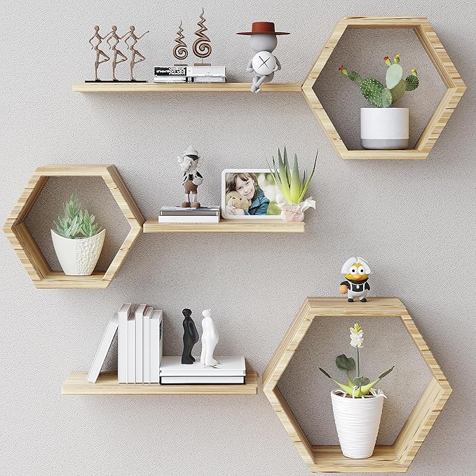 Wooden Hexagon Floating Shelves Wall Mounted by LUDORU