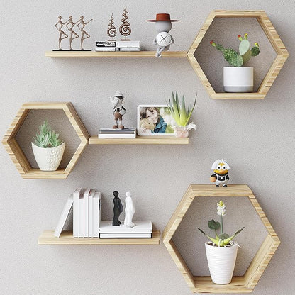 Wooden Hexagon Floating Shelves Wall Mounted by LUDORU