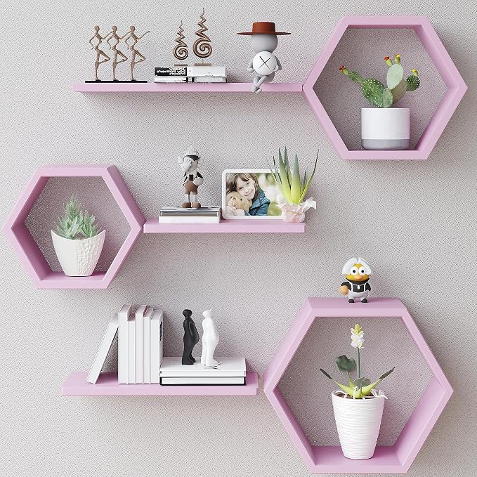 Wooden Hexagon Floating Shelves Wall Mounted, Rustic Honeycomb Shelves by LUDORU