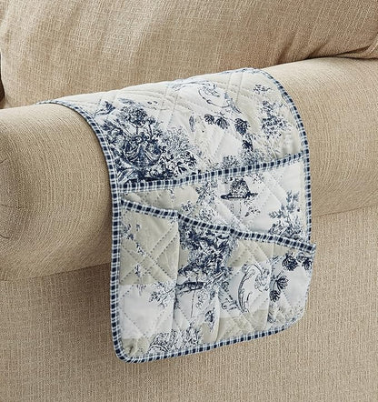 Brilliant Sunshine Blue Toile Couch Sofa Armrest 5 Pockets Organizer, Slip - Image 2
