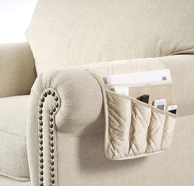 Brilliant Sunshine Beige Velvet Couch Armrest 5 Pockets Organizer, Slip - Image 6