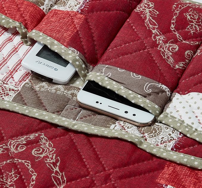 Brilliant Sunshine Burgundy Floral Patchwork Couch Armrest 5 Pockets Organizer - Image 5