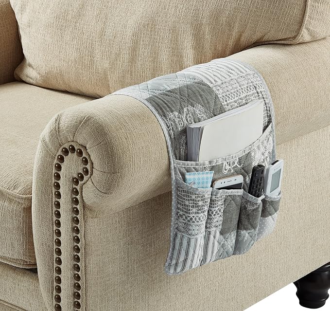 Brilliant Sunshine Grey Floral Patchwork Sofa Armrest 5 Pockets Organizer - Image 7