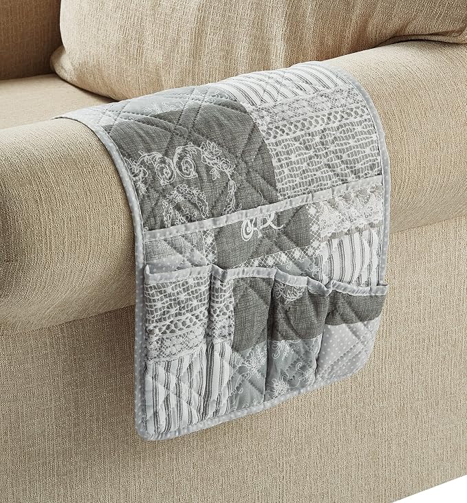 Brilliant Sunshine Grey Floral Patchwork Sofa Armrest 5 Pockets Organizer - Image 2