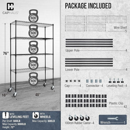 CAPHAUS NSF Commercial Grade Wire Shelving w/Wheels, Leveling Feet & Liners - Image 3