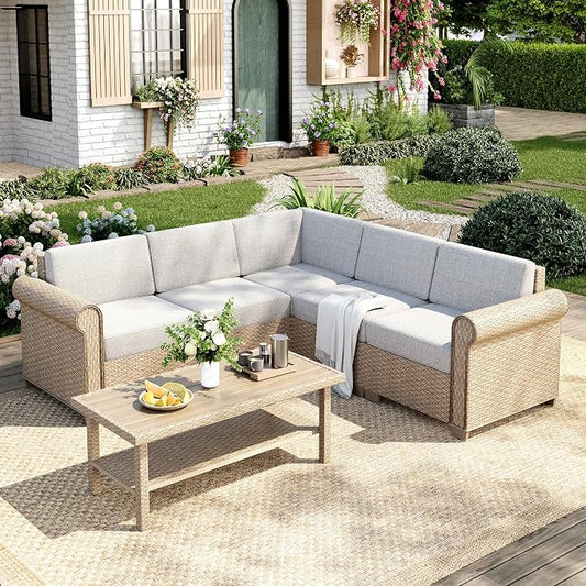 Patio Furniture Set, 6 Piece Outdoor Rattan Wicker Sectional Conversation Set by MIXPATIO