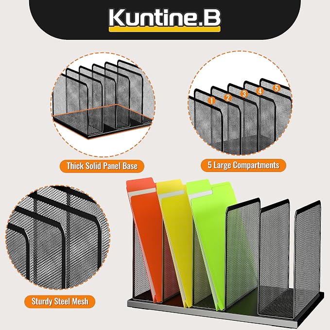 Kuntine.B Desk File Organizer 5 Sections Upright Mesh Desktop Organizer File - Image 6