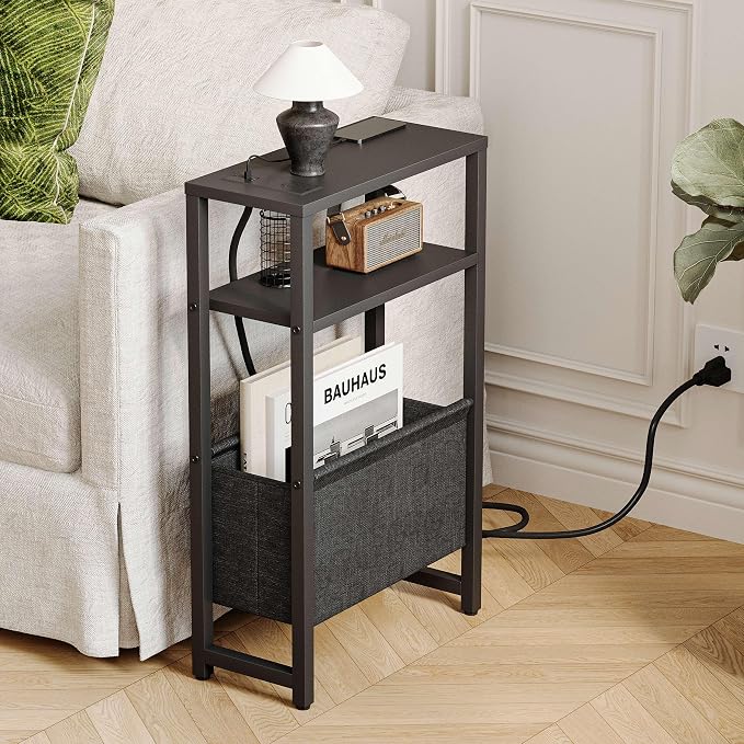 Narrow Side Table with Charging Station, Slim End Table with Magazine Rack - Image 2