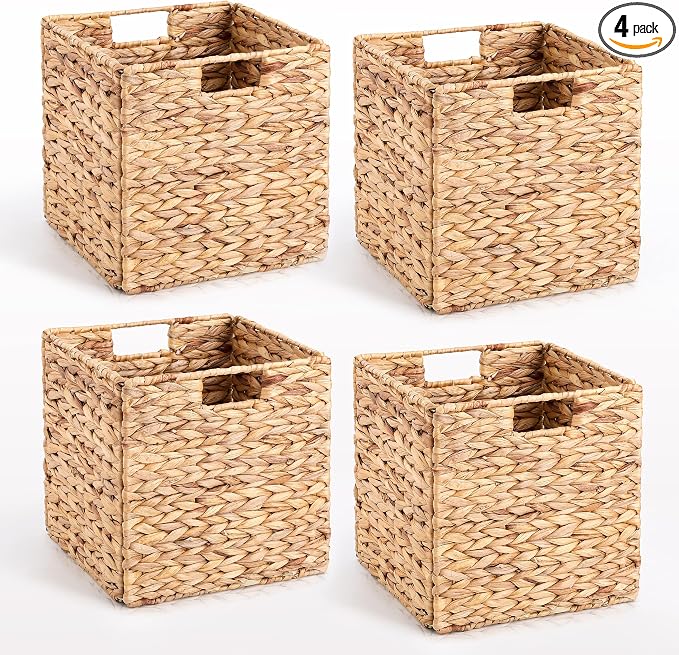 10.5 x 10.5in Wicker Storage Baskets, Cube Foldable Water Hyacinth Storage by JYXIN